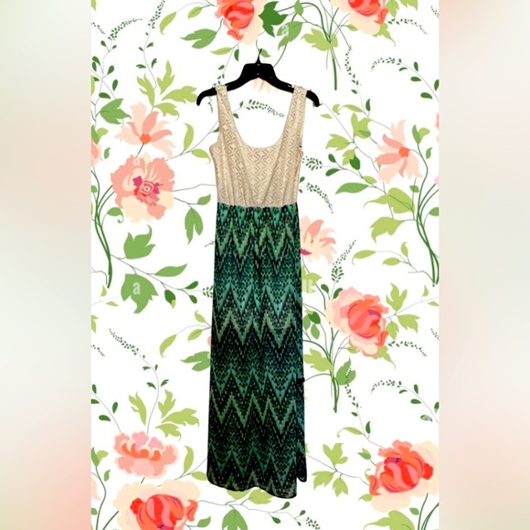 As U Wish Maxi Dress  Lace Top Green Chevron Print Sundress Summer - Picture 3 of 5